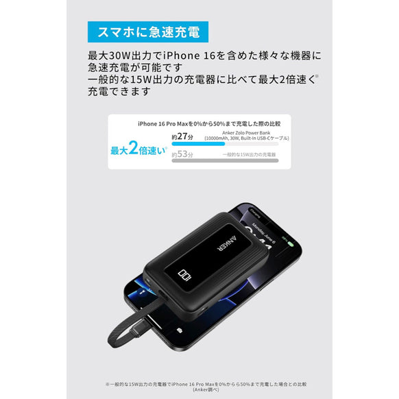 Anker Zolo Power Bank (10000mAh, 30W, Built-In USB-Cケーブル)