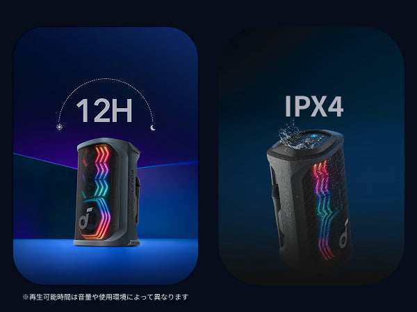 アウトドアでも安心の12時間再生とIPX4の防水規格