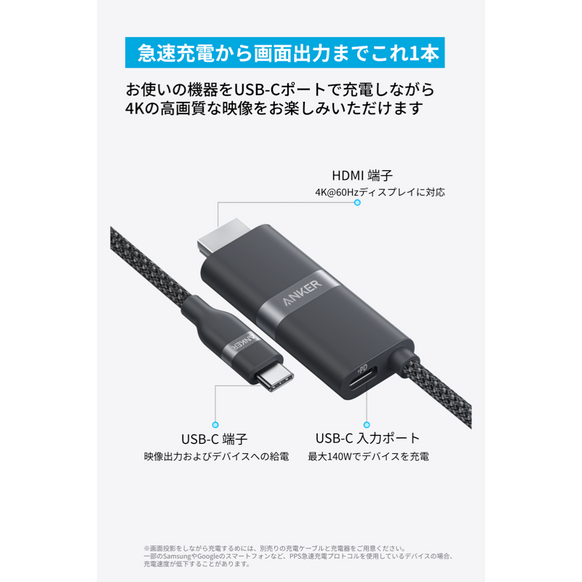 Anker Nano USB-C & HDMI ケーブル (4K, 高耐久ナイロン, 140W) サブ画像1