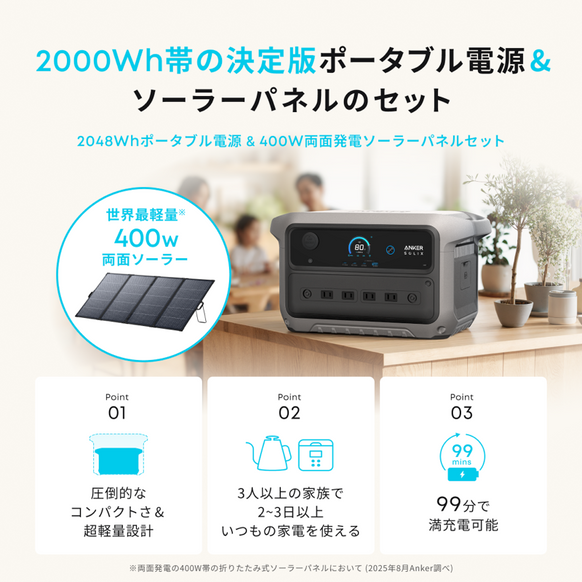 Anker Solix C2000 Gen 2 Portable Power Station ダークグレー with Anker Solix PS400 Dual Portable Solar Panel
